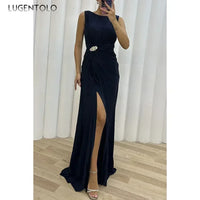 Women Sexy Dress New Sleeveless Solid Party Slim Empire Split Female Elegant Round Neck Fashion Long Clothing