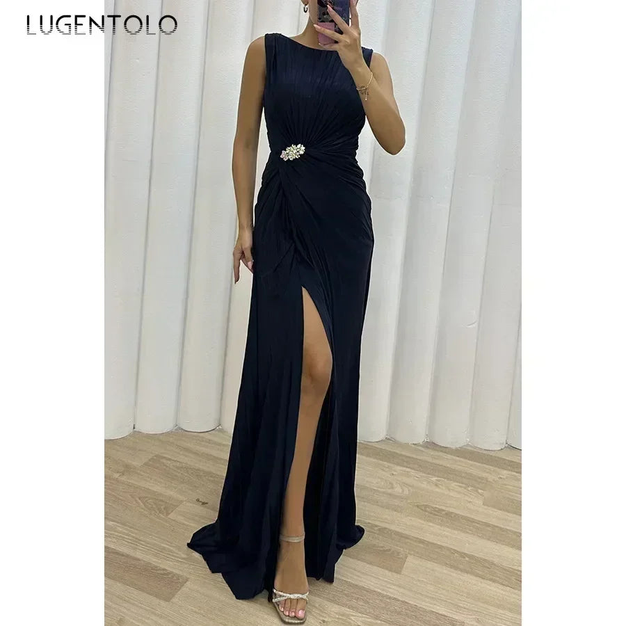Women Sexy Dress New Sleeveless Solid Party Slim Empire Split Female Elegant Round Neck Fashion Long Clothing