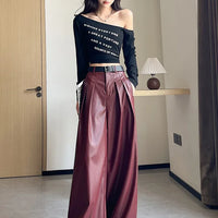 High Waist Wide Leg PU Leather Pants Women's Suit Casual Floor Length Trousers Autumn Winter New Style Loose Fit Long Pants