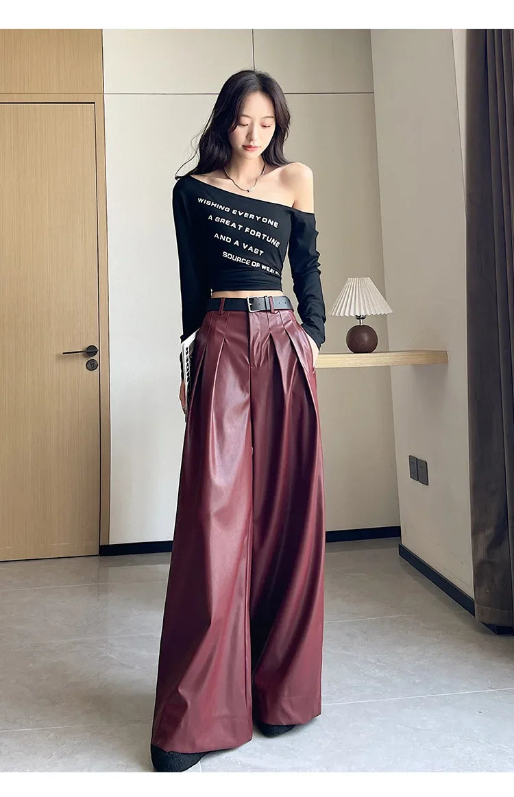 High Waist Wide Leg PU Leather Pants Women's Suit Casual Floor Length Trousers Autumn Winter New Style Loose Fit Long Pants