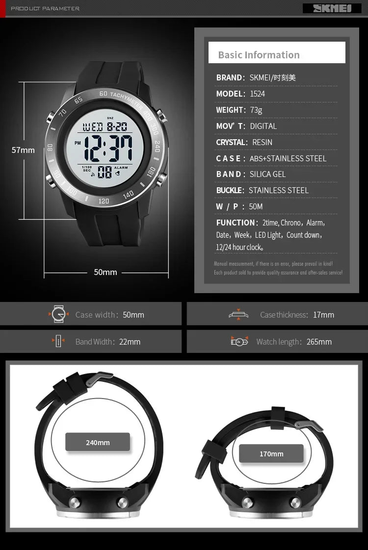 SKMEI 1524  2 Time LED Digital Wristwatches Mens Waterproof Chrono Count Down Male Hour montre homme Big Dial Sport Men Watch