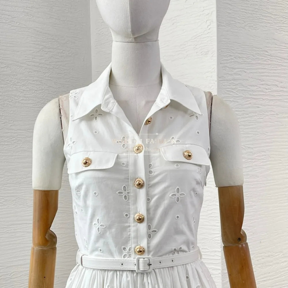 White Sleeveless Embroidery Midi Dress 2025 Top Quality