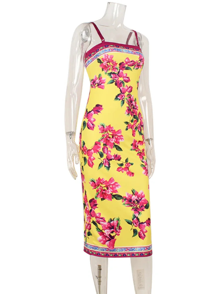 CNYISHE Flower Prints Camisoles Fashion Sheath Sexy Club Hot Girl Women Dresses Colorful Trendy Elegant Lady Female Bodycon