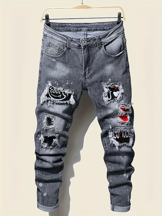 Men's slim fit ripped long denim pants, tight jeans with pockets, side straps, and zippers, men's jogging pants, ripped stretch