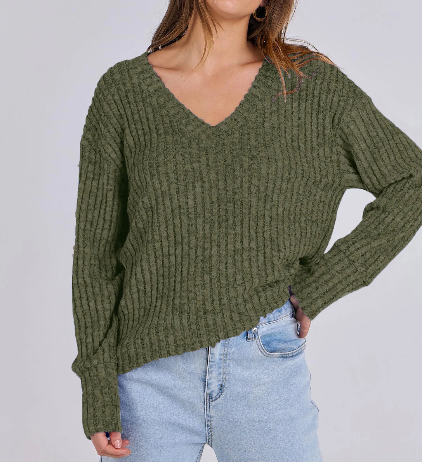 Women's Long Sleeve V-Neck T-Shirt Pit Stripe Milled Fashion Temperament Top