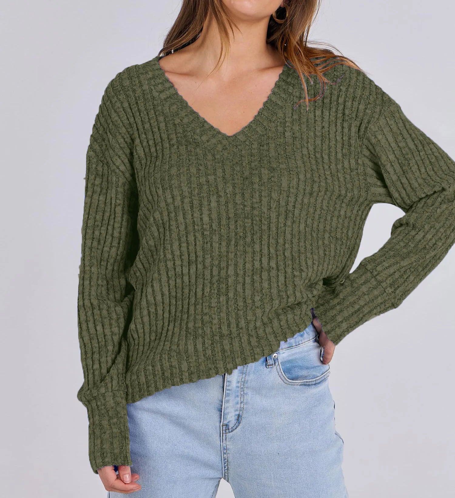 Women's Long Sleeve V-Neck T-Shirt Pit Stripe Milled Fashion Temperament Top