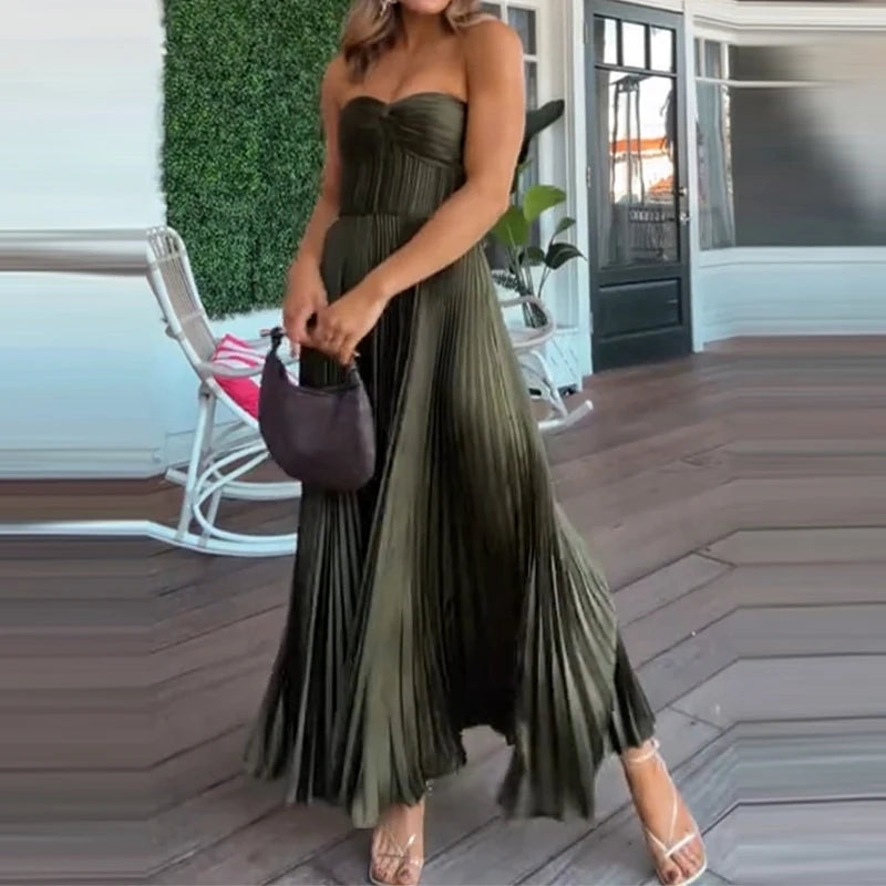 Backless Solid Color Zipper Women's Banquet Occasion Slim Fit Dress Host Program Strapless Pleated Long Dresses 2025 New Summer
