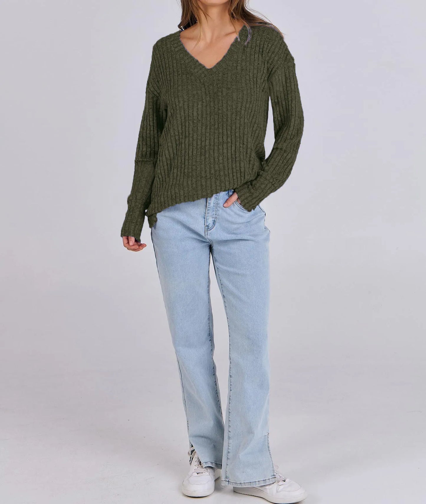 Women's Long Sleeve V-Neck T-Shirt Pit Stripe Milled Fashion Temperament Top