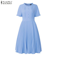 2025 ZANZEA Elegant Women Midi Dresses Summer Office Work Dress Short Sleeve O Neck Party Vestidos Pleated Sundress Robe Femme