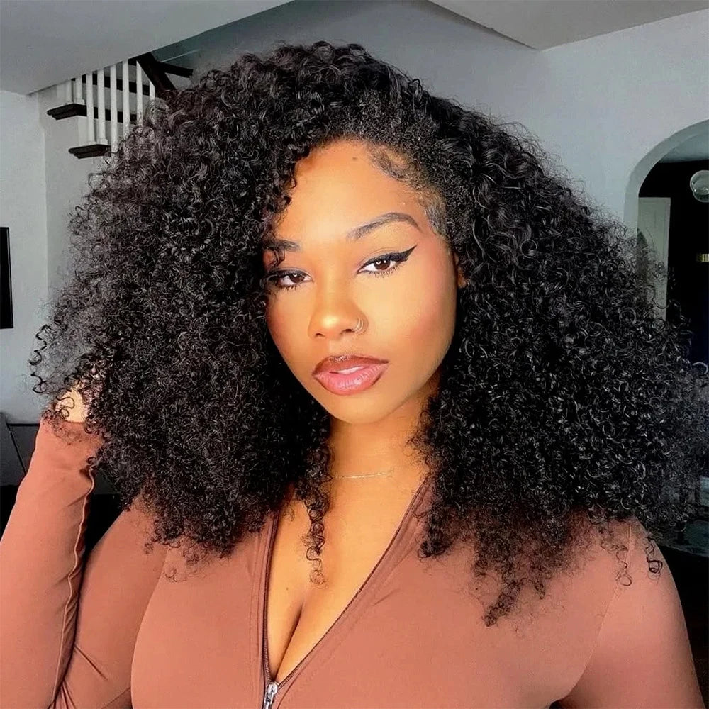 Beginner Friendly 3 In 1 Half Wig Human Hair Kinky Curly Coily Half Wig Invisible Drawstring Glueless Curly Flip Over Wig 180%