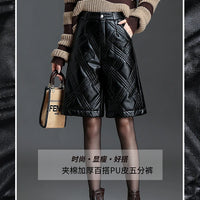 ZUZK  Warm Black PU Leather Thick Bermuda Shorts For Women Winter  Knee Length Shorts Motorcycle Punk High Waist Bermuda Femme