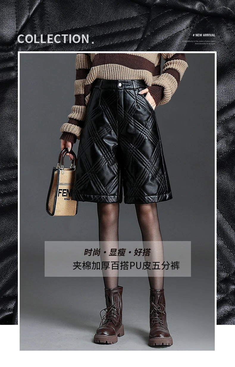 ZUZK  Warm Black PU Leather Thick Bermuda Shorts For Women Winter  Knee Length Shorts Motorcycle Punk High Waist Bermuda Femme