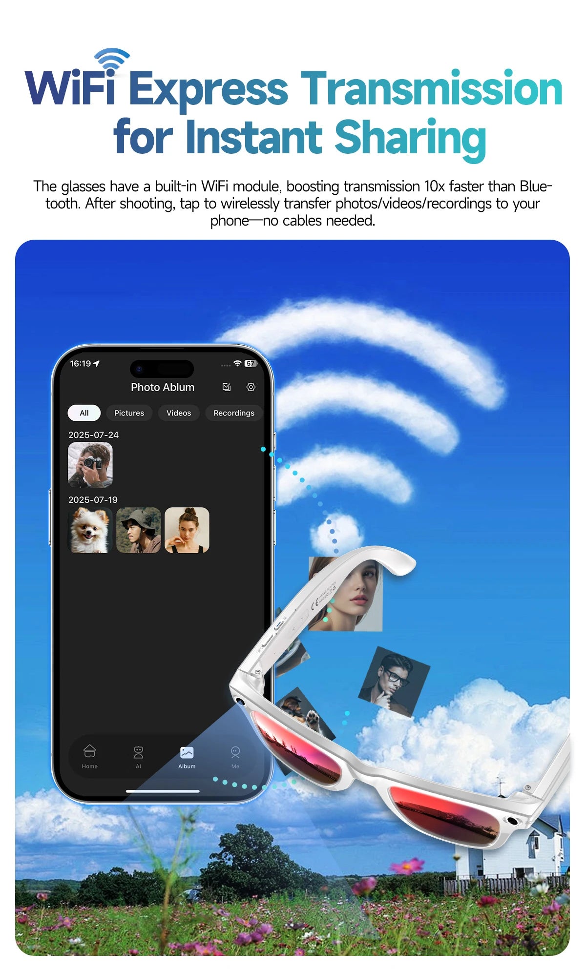 Smart Glasses HD Recording Videos AI Photo Recognition Answer Translation 290mAh Large Battery IP67 Waterproof Bluetooth Glasses