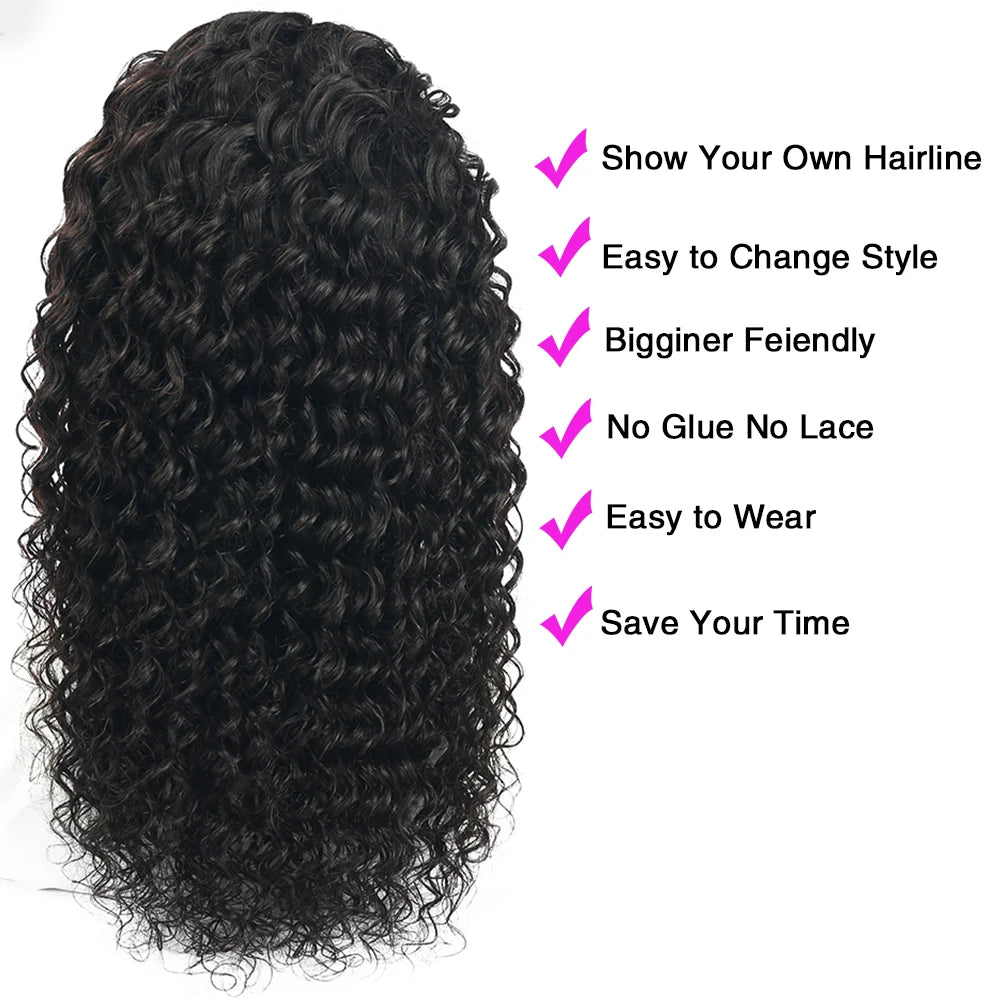 Headband Wig Human Hair Wigs Wear and Go Glueless Wig Curly Deep Wave Headband Wig Machine Made Wig Natural Color 250%