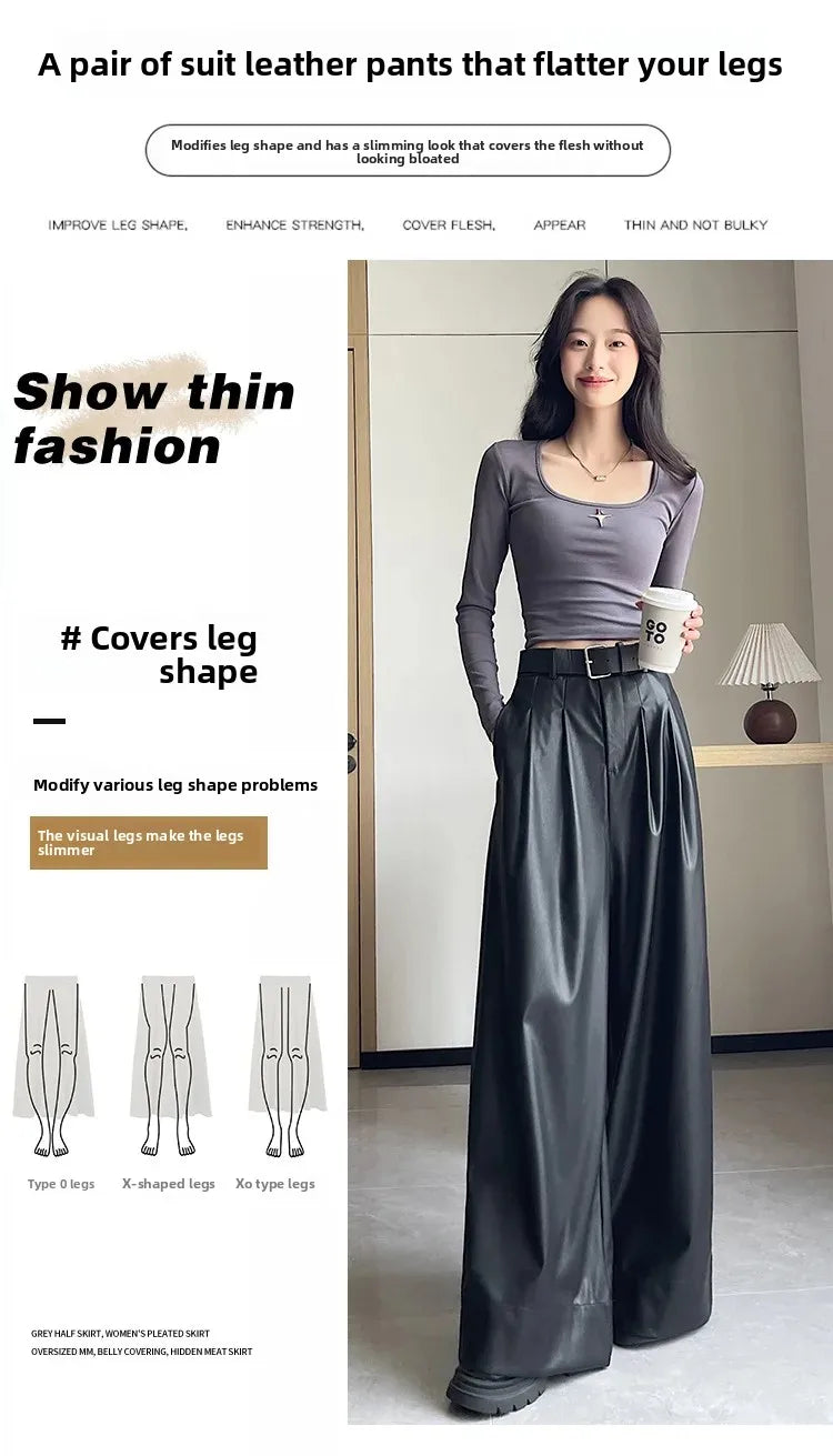 High Waist Wide Leg PU Leather Pants Women's Suit Casual Floor Length Trousers Autumn Winter New Style Loose Fit Long Pants
