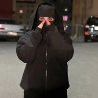 women's Men's and Balaclava Y2K Gothic Harajuku winter new item double hooded sweatshirt men's hooded mask zipper sportswear
