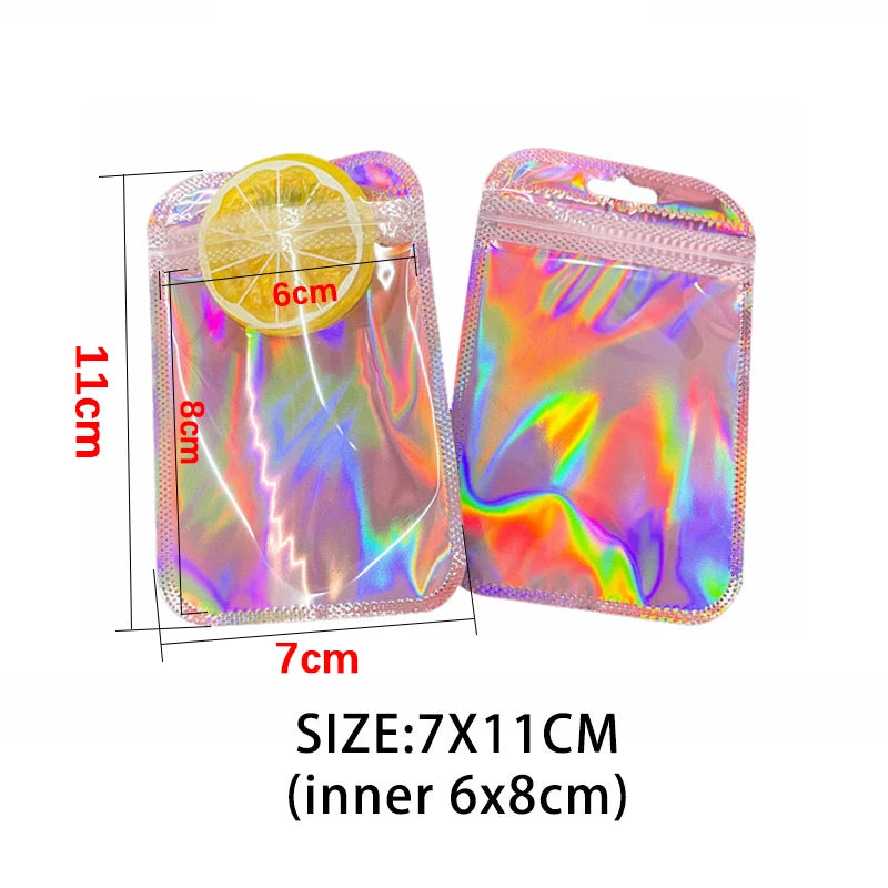 50pcs Iridescent Self Sealing Bags Pink Laser Plastic Pouches Resealable Zip Lock Packaging for Jewelry Display Retail Bags
