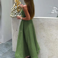 Oymimi Elegant Green Cotton Women's Dress Fashion O-Neck Sleeveless Dresses Casual New High Waist A-Line Mid-Calf Dresses Female