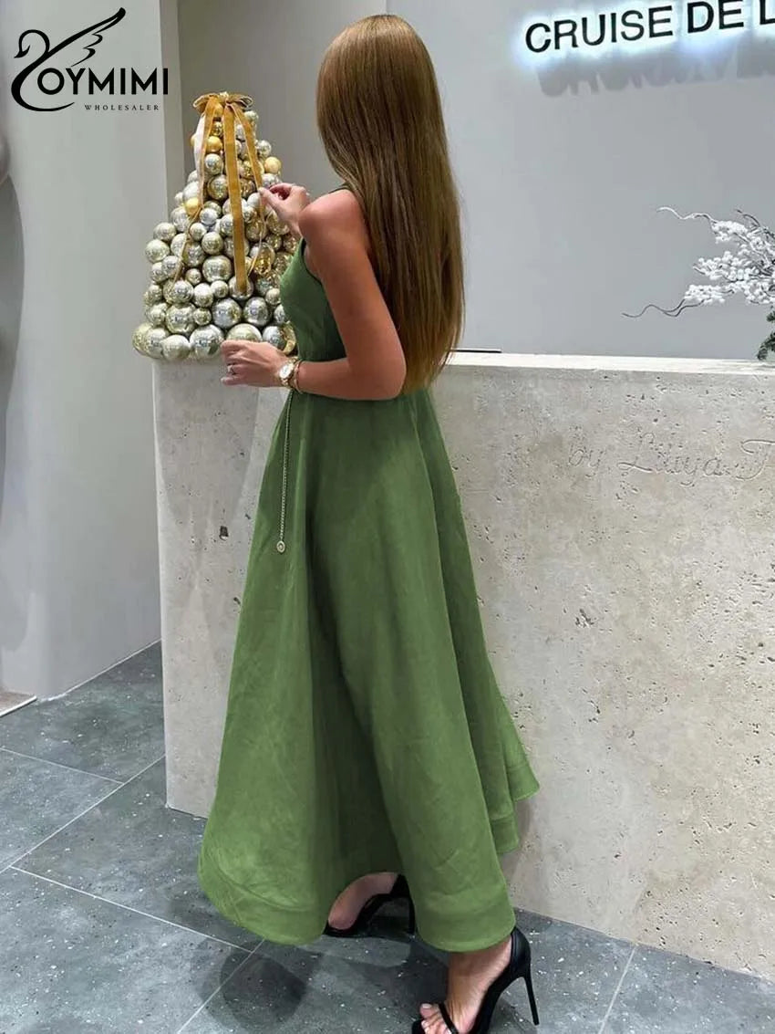 Oymimi Elegant Green Cotton Women's Dress Fashion O-Neck Sleeveless Dresses Casual New High Waist A-Line Mid-Calf Dresses Female