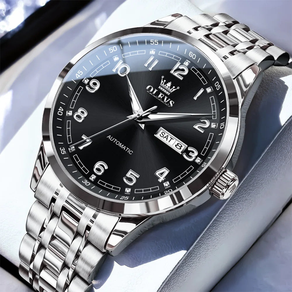 OLEVS Men Watches 7077 Luxury Fashion Top Brand Original Automatic Mechanical Watch for Man Double Scale Simple Trend Waterproof