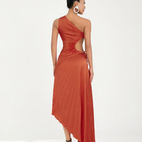 Women Elegant Long Dress Summer Sleeveless One-shoulder Pleated Hollowed Irregular Dress for Cocktail Party Beach Sundress Y2K