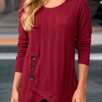 Women's Long Sleeve Round Neck Top Solid Color Button Jacquard T-Shirt Elegant Trend Autumn Top