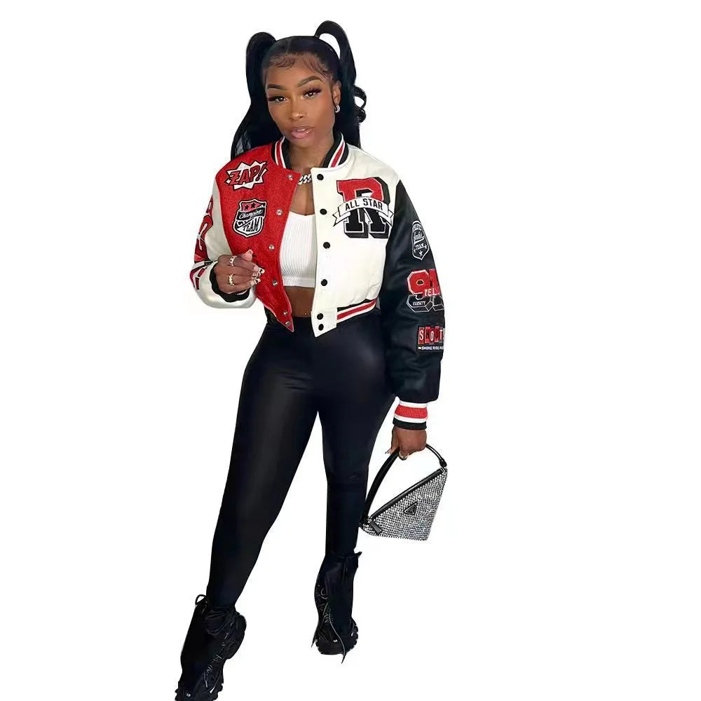 Winter Fall Jacket For Women Coat Trend O Neck Buttons Cropped Top Jacket Patchwork Baggy Blue Female Outerwear varsity jacket