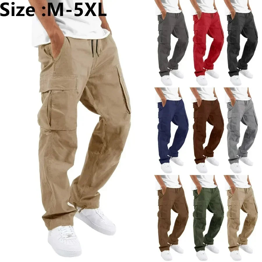 New 2025 Pocket Design Solid Cargo Pants Trousers for Men Full Length Casual Loose Drawstring Pockets Pants Male Cargo Pants 5XL