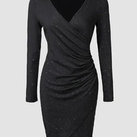 Elegant Black V-Neck Long Sleeve Mini Dress with Glitter Detail - Stretchy Polyester  Ruched Cocktail Party Gown for Women, Cock