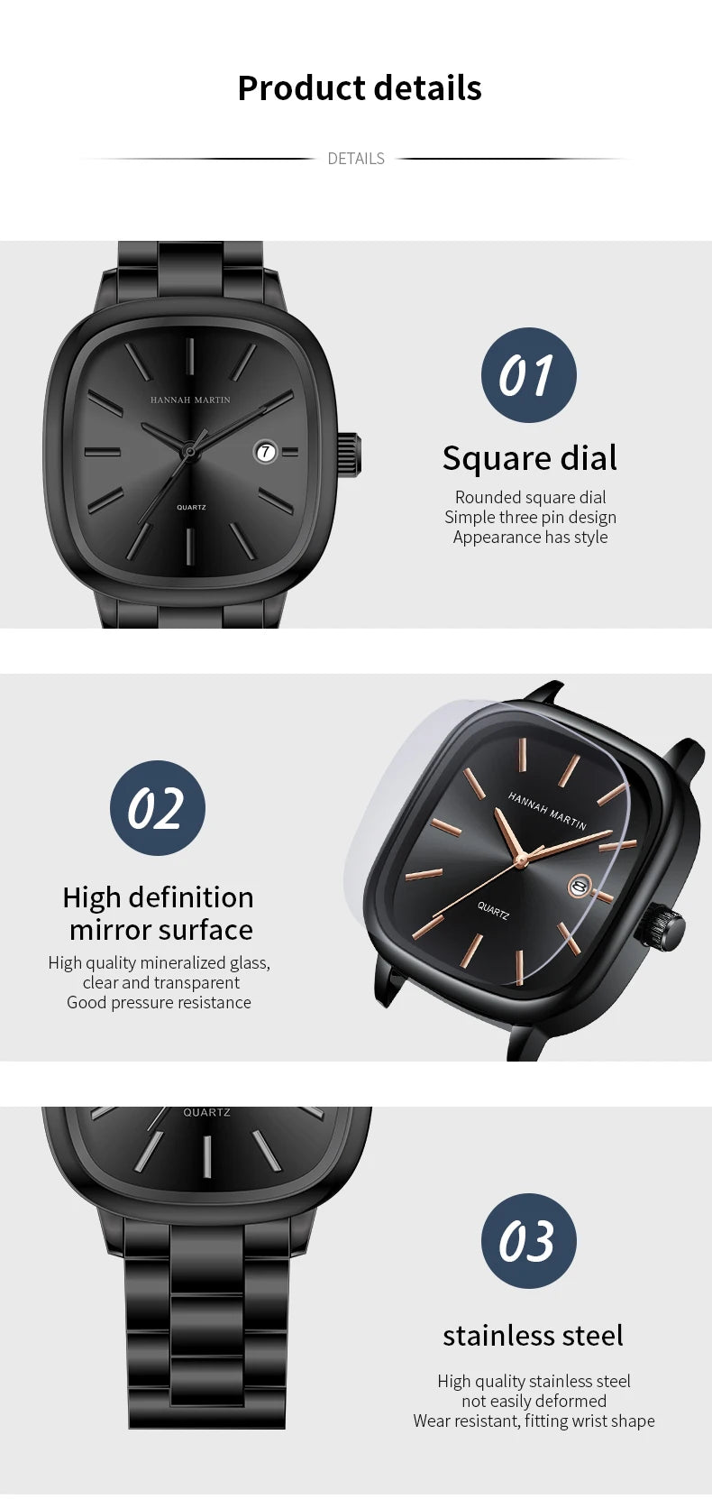 Japanese Movement Square Fashion Stainless Steel Strap Original Business Style Silver Black Waterproof 3Bar Quartz Watch for Men