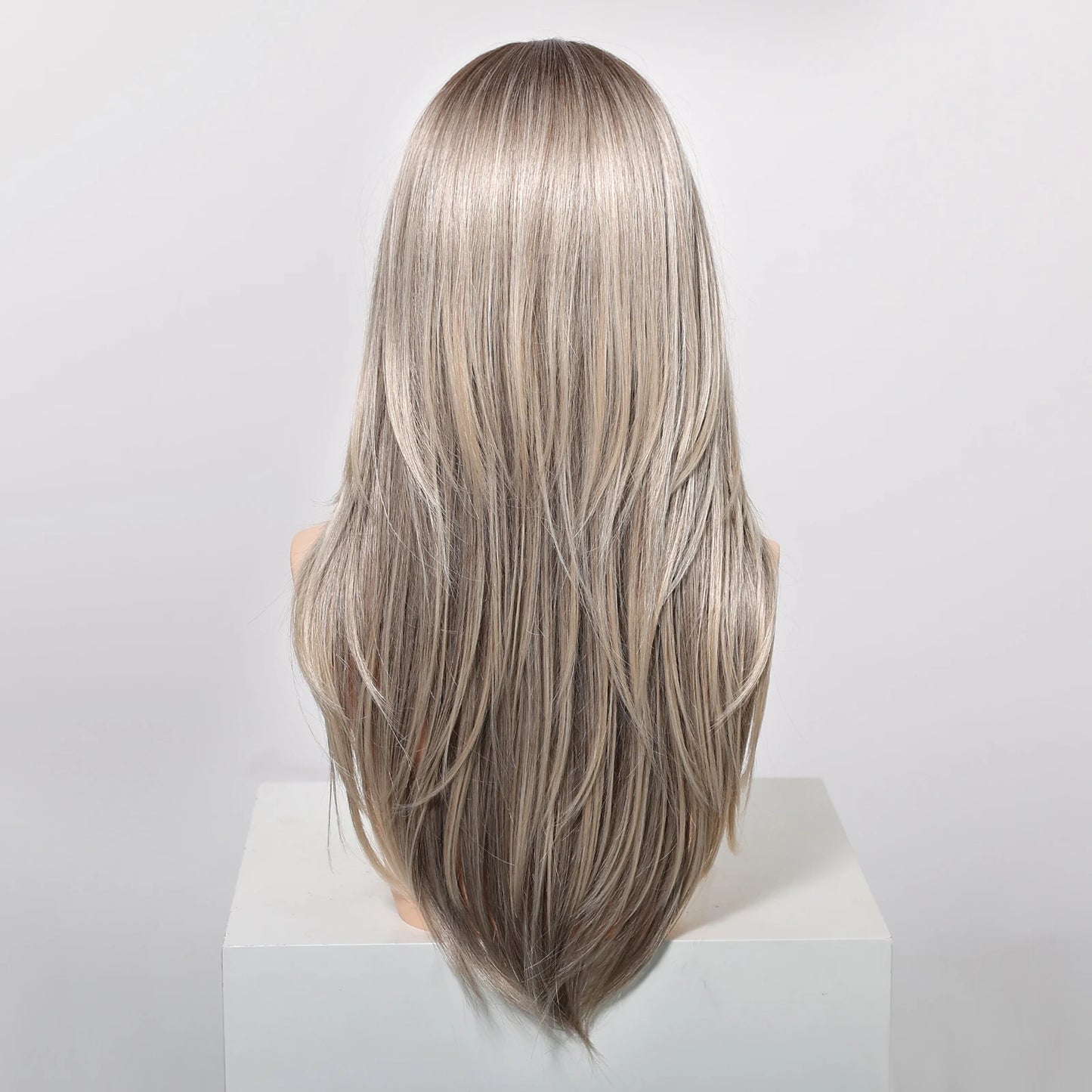 Gray Blonde Synthetic Wigs Dark Root Hairline Lace Frontal Straight Layered Wigs for Women Ladies Daily Use Wigs Heat Resistant