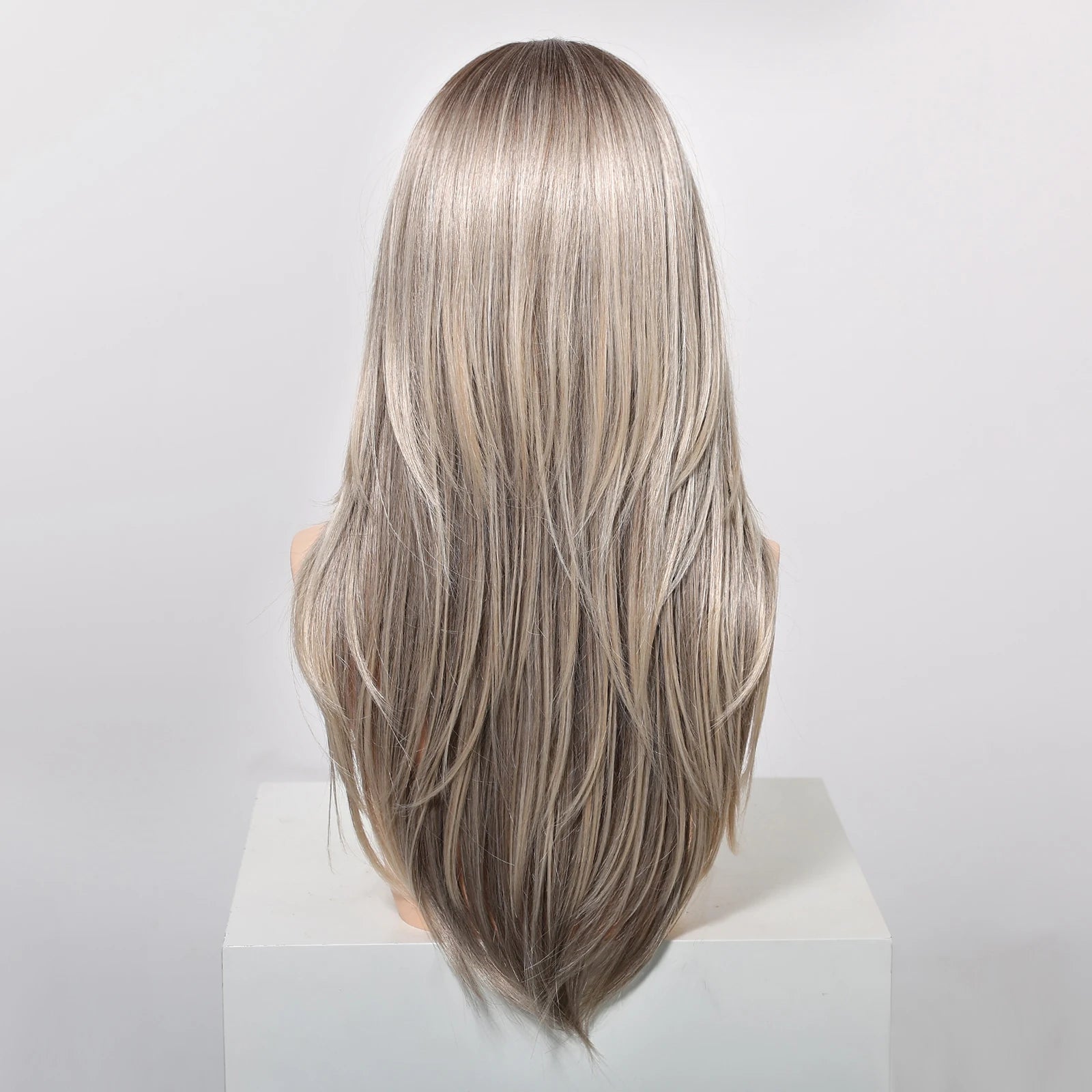 Gray Blonde Synthetic Wigs Dark Root Hairline Lace Frontal Straight Layered Wigs for Women Ladies Daily Use Wigs Heat Resistant