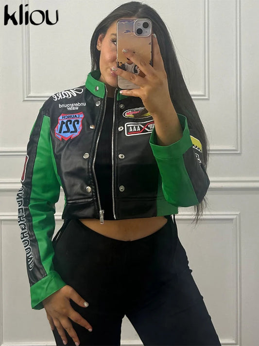 Cutenew Panelled Feather Women Coats New Letter Print Patchwork Buttons Full Sleeve Zip-up Crop Jackets Female Street Outwear