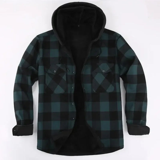 Plus Size Men's Hooded Plaid Shirt Warm Fleece Lined And Thickened Top Long Sleeve Outerwear For Autumn/Winter