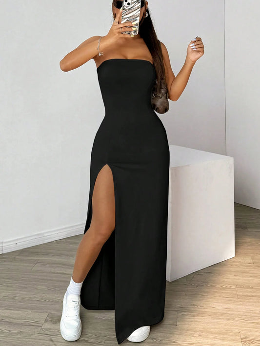 Elegant ladies strapless camisole slit simple basic solid color long dress, ideal for casual and semi-formal occasions