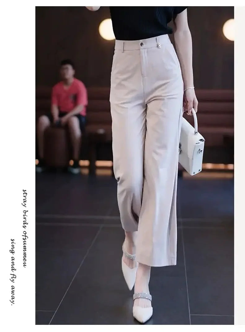 Nine-point Wide-leg Pants for Women in Summer Thin New High-waist Drooping Ice Silk Suit Women's Slim Straight Pants