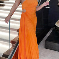 Women Elegant Long Dress Summer Sleeveless One-shoulder Pleated Hollowed Irregular Dress for Cocktail Party Beach Sundress Y2K