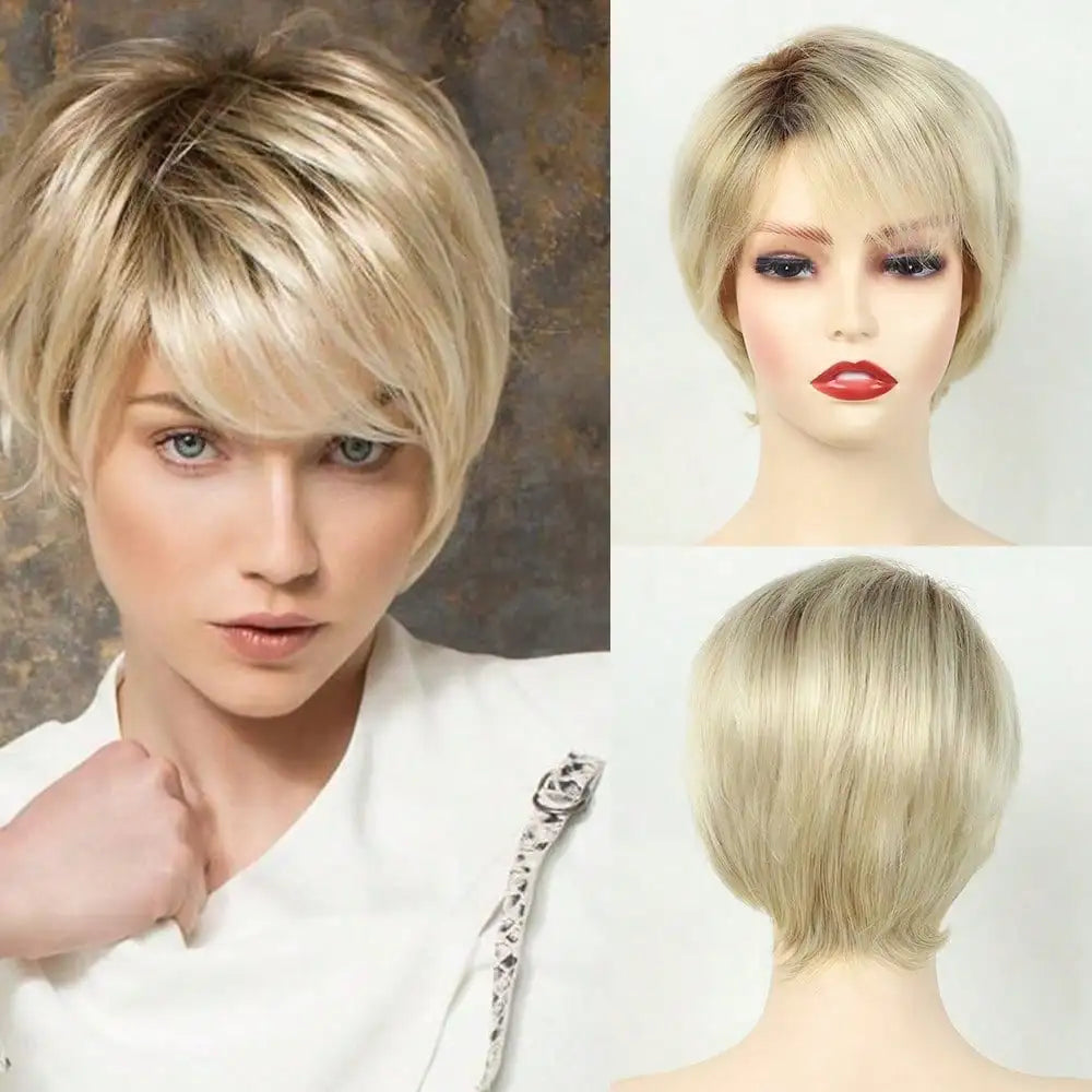 MSIWIGS Women's Short Pix Cut Blonde Straight Wig Natural Synthetic For White Lady Daily Wear High Tempreture Fiber
