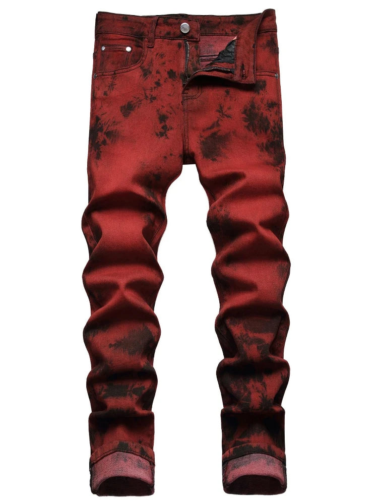 Denim Pencil Pants Men Streetwear Distressed Washed Tie Dyed Jeans Mid Waist Pockets Vintage Straight Ankle Length Trousers