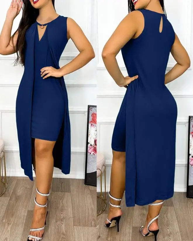 Dresses for Women 2023 Summer Fashion Keyhole Neck Sleeveless Cutout O-Ring Decor Slit Asymmetrical Casual Dress Clothing