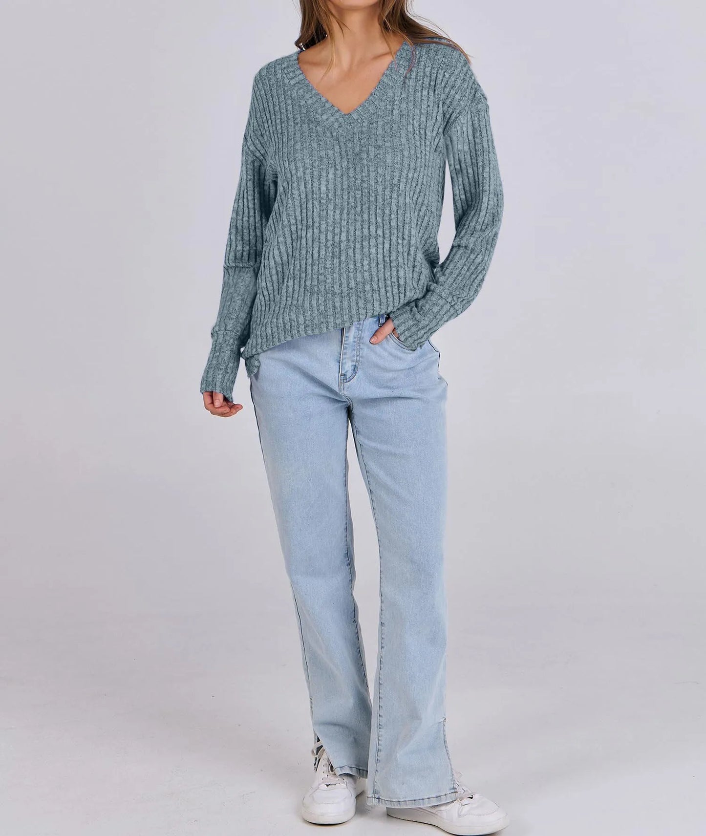 Women's Long Sleeve V-Neck T-Shirt Pit Stripe Milled Fashion Temperament Top