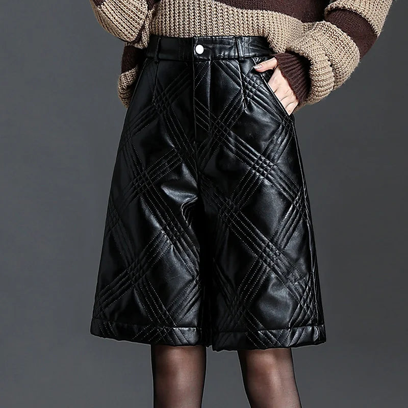 ZUZK  Warm Black PU Leather Thick Bermuda Shorts For Women Winter  Knee Length Shorts Motorcycle Punk High Waist Bermuda Femme