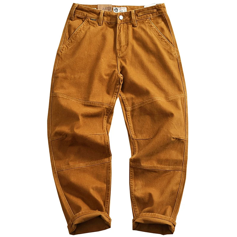 Retro Heavyweight Minimalist Workwear Pants Men's Loose Straight Leg Casual 100% Cotton Twill Woven 3D Stand Cut Tapered Pants