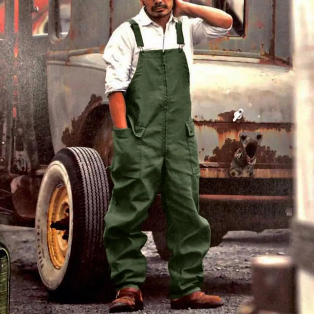 Men Denim Jumpsuit Casual Retro Style Loose Fit Overalls With Large Pockets Thick Fabric Cargo Plus Size Streetwear Jumpsuit