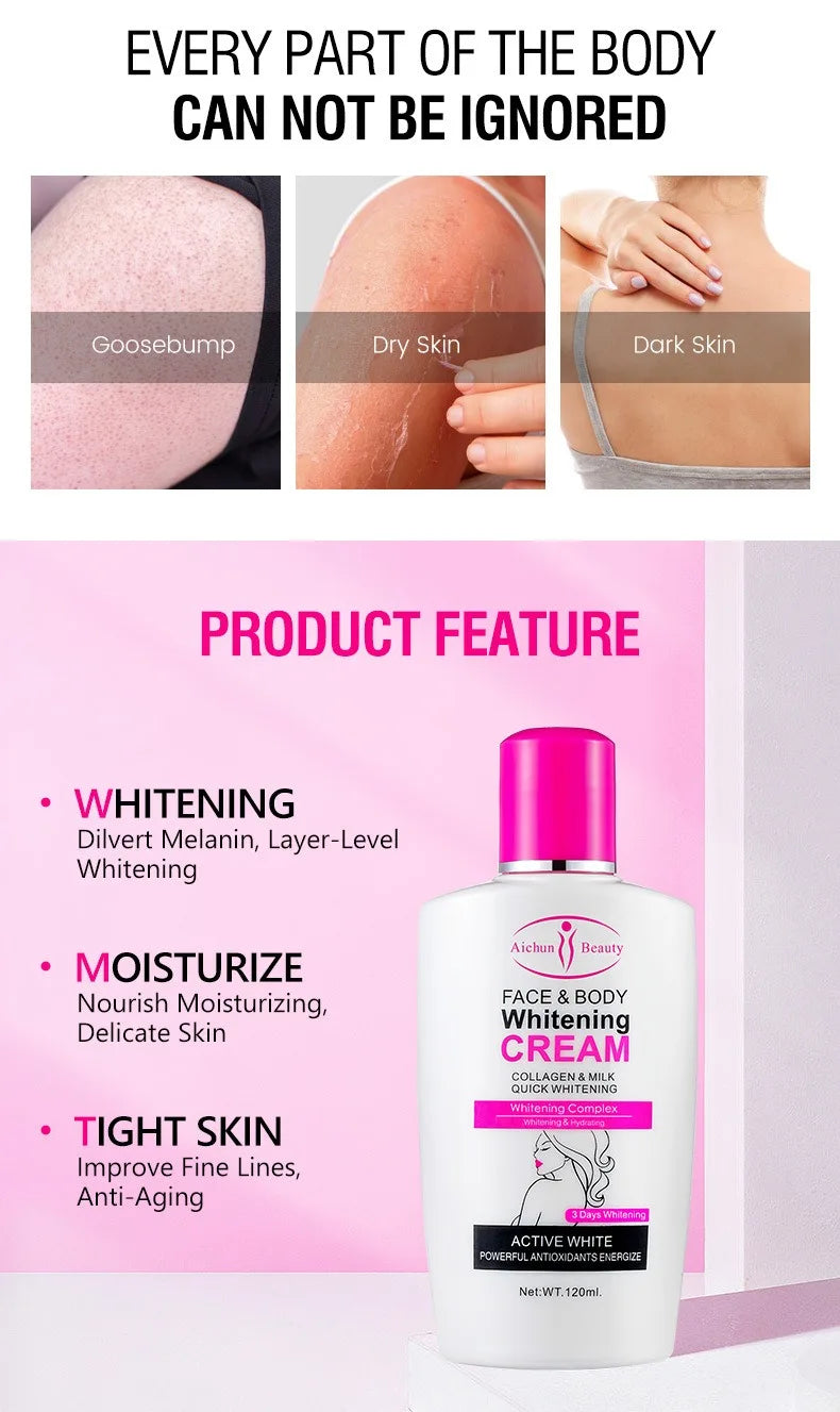 Body Lotion Whitening Moisturizing Dark Skin Bleaching Collagen Milk Face Body Cream Skin Care Body Leg Arm Lightening Smooth