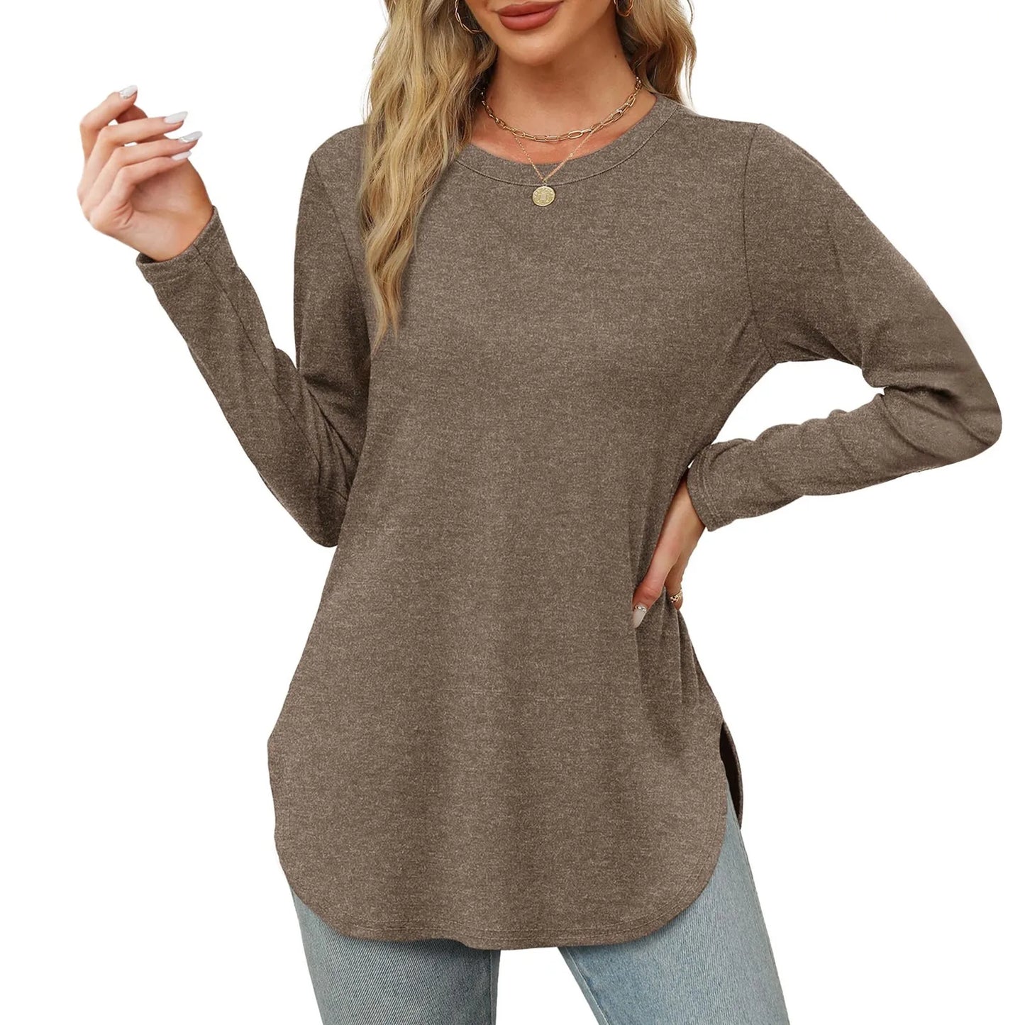 Traf 2024 Mujer Womens Long Sleeve Round Neck Shirts Side Split Basic Loose Tunic Tops Casual Shirts Ropa De Mujer Fashion