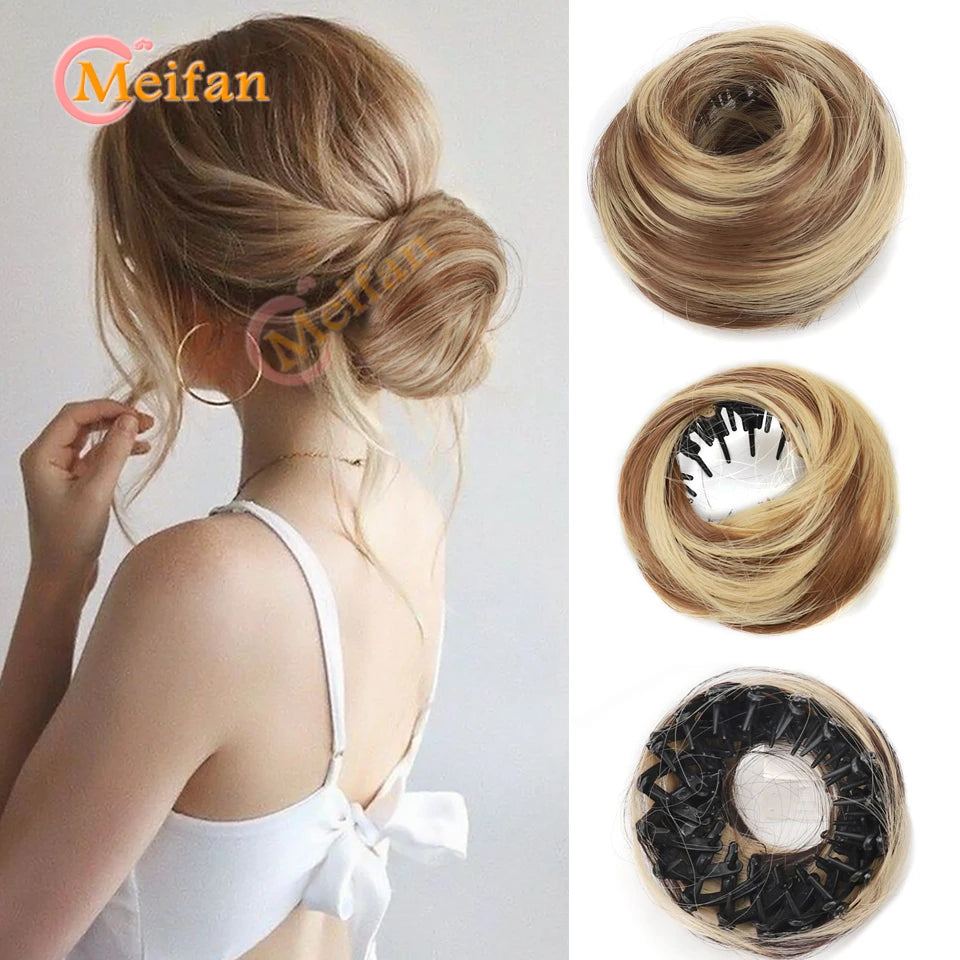 Messy Straight Hair Bun Hair Extensions Synthetic Mini Hair Clip Bun Hairbands Donut Wig Accessories High Bun Hair Extensions