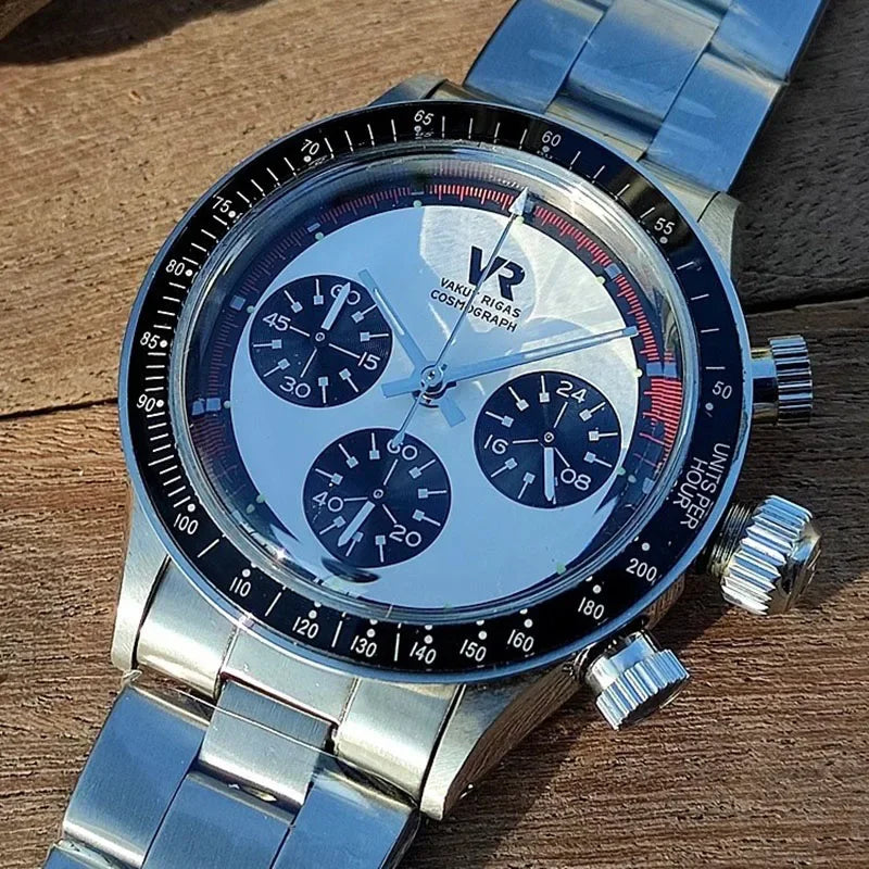 Vakuy Men's 38MM Quartz Watch Sweep Seconds Jinggong VK63A Chronograph Vintage Panda Di Men's Watch