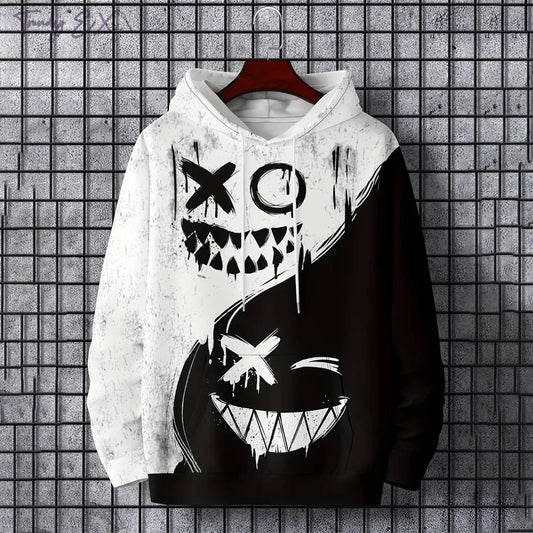 New autumn men's fashionable smiling face design printed soft and comfortable hooded sweatshirt outdoor streetwear