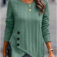 Women's Long Sleeve Round Neck Top Solid Color Button Jacquard T-Shirt Elegant Trend Autumn Top